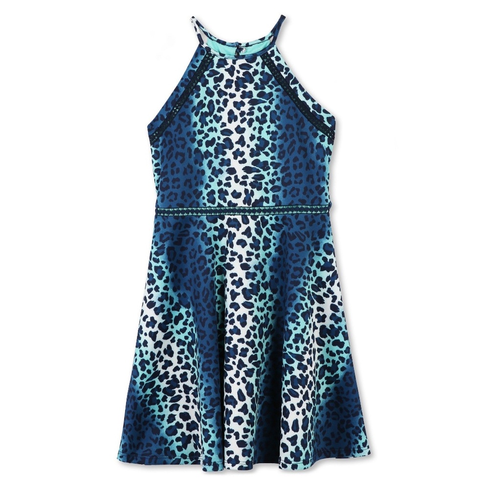 Speechless Girls Animal Print Scuba Fit and Flare Dress Teal Size 10 14 NWT